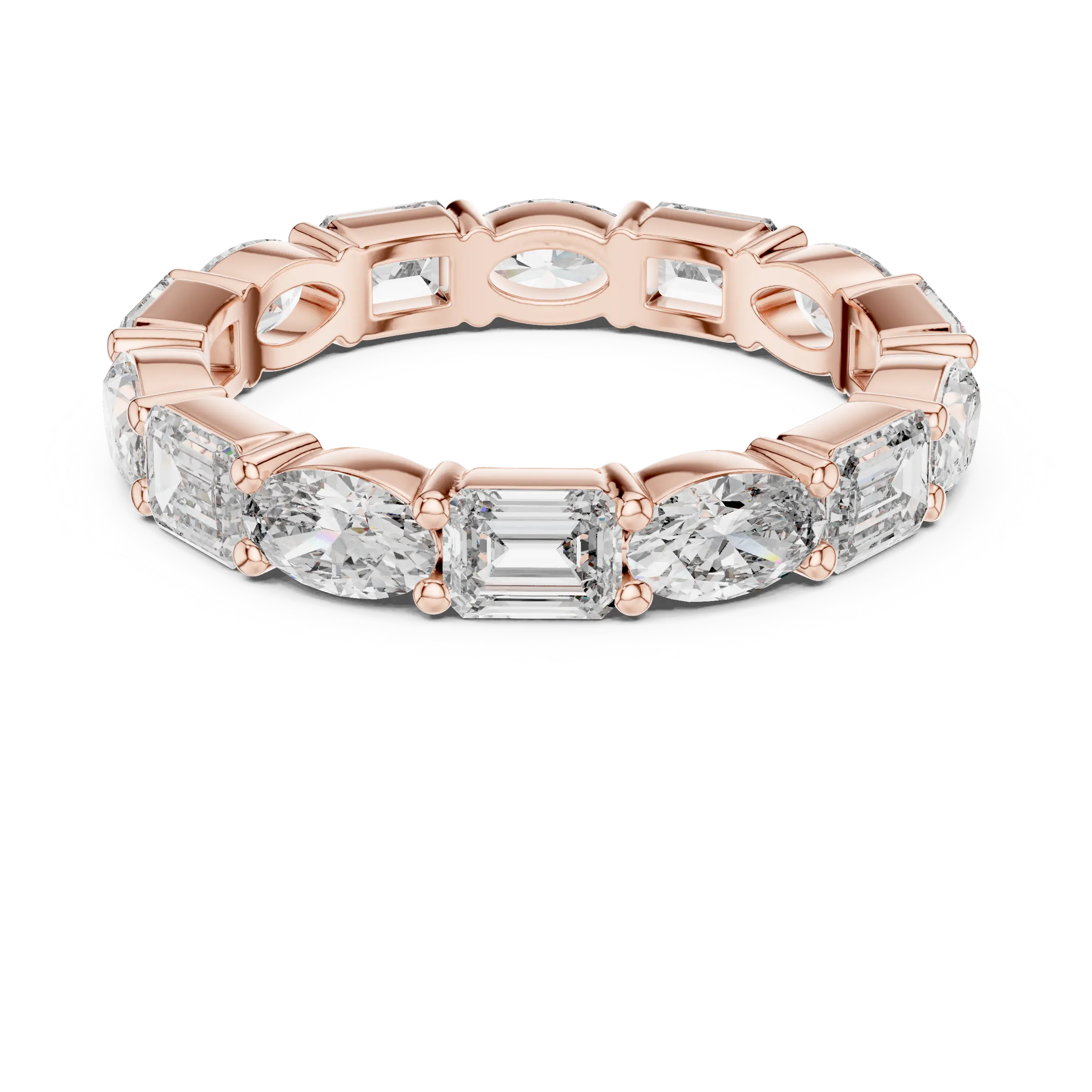 Flat Lay: Emerald Cut Diamond Eternity Band with Prong Setting in 14k Rose Gold – Lab Grown – Driona Jewels
