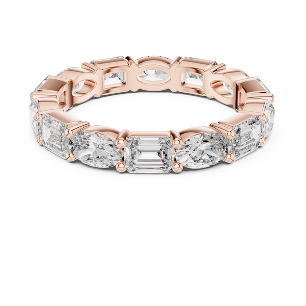 Flat Lay: Emerald Cut Diamond Eternity Band with Prong Setting in 14k Rose Gold – Lab Grown – Driona Jewels
