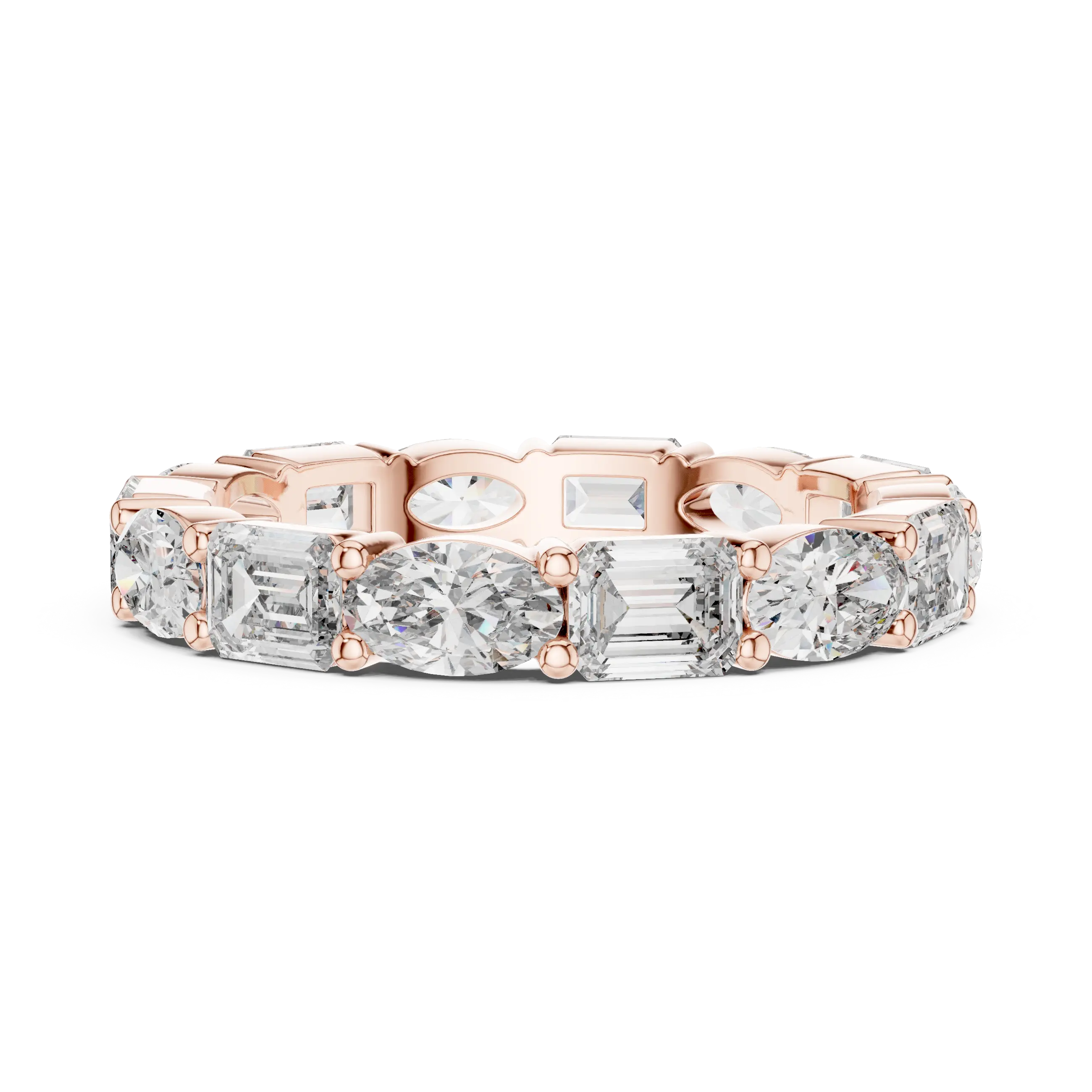 Front View: Emerald Cut Diamond Eternity Band with Prong Setting in 14k Rose Gold – Lab Grown – Driona Jewels
