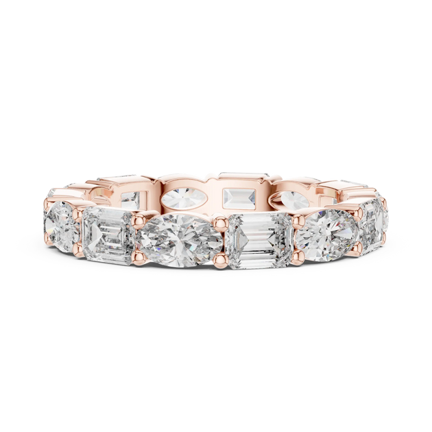 Front View: Emerald Cut Diamond Eternity Band with Prong Setting in 14k Rose Gold – Lab Grown – Driona Jewels
