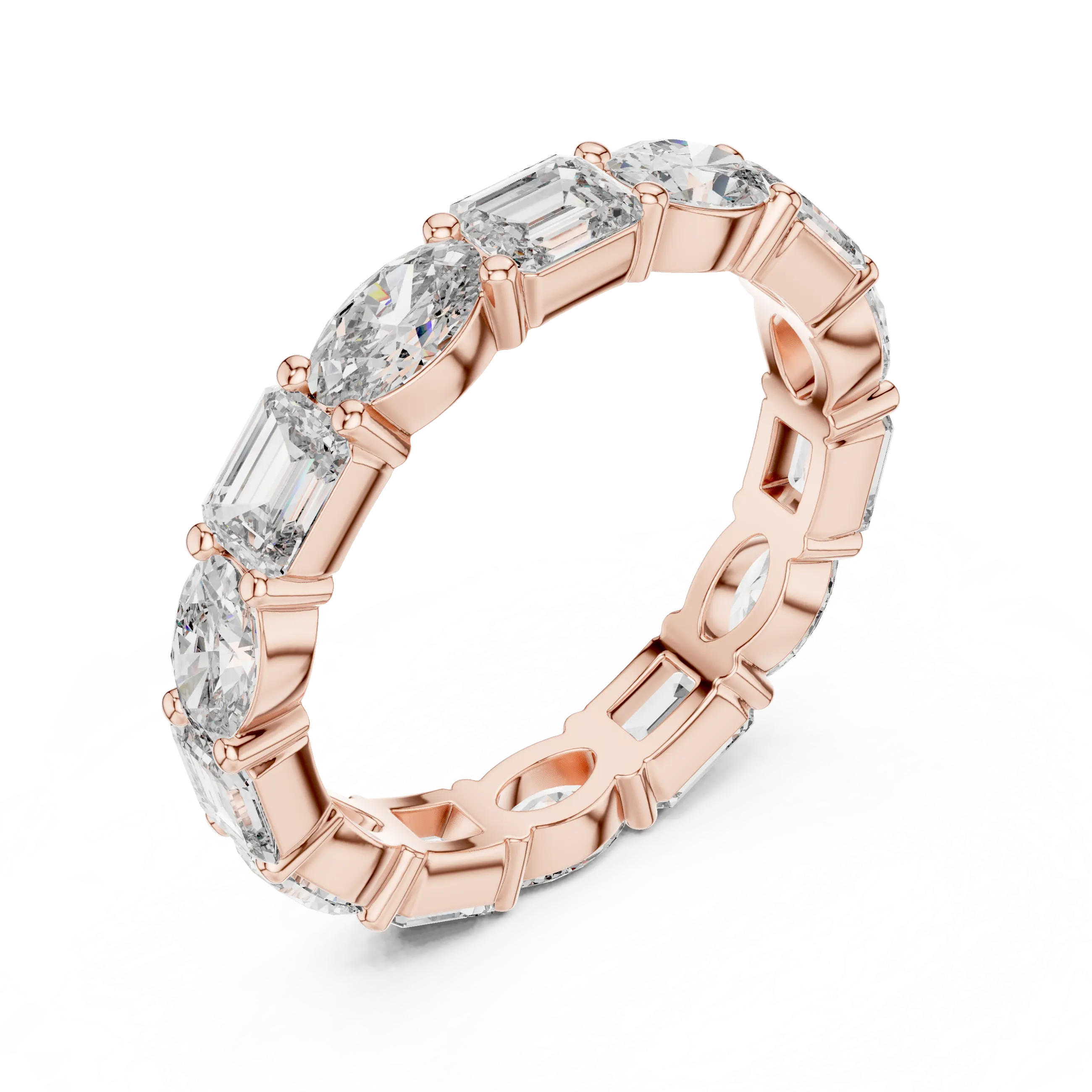 Three-Quarter View: Emerald Cut Diamond Eternity Band with Prong Setting in 14k Rose Gold – Lab Grown – Driona Jewels
