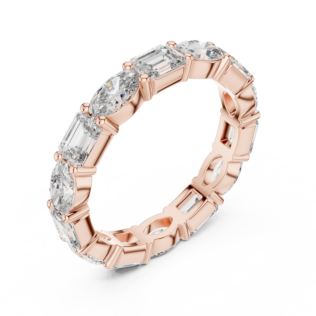 Three-Quarter View: Emerald Cut Diamond Eternity Band with Prong Setting in 14k Rose Gold – Lab Grown – Driona Jewels
