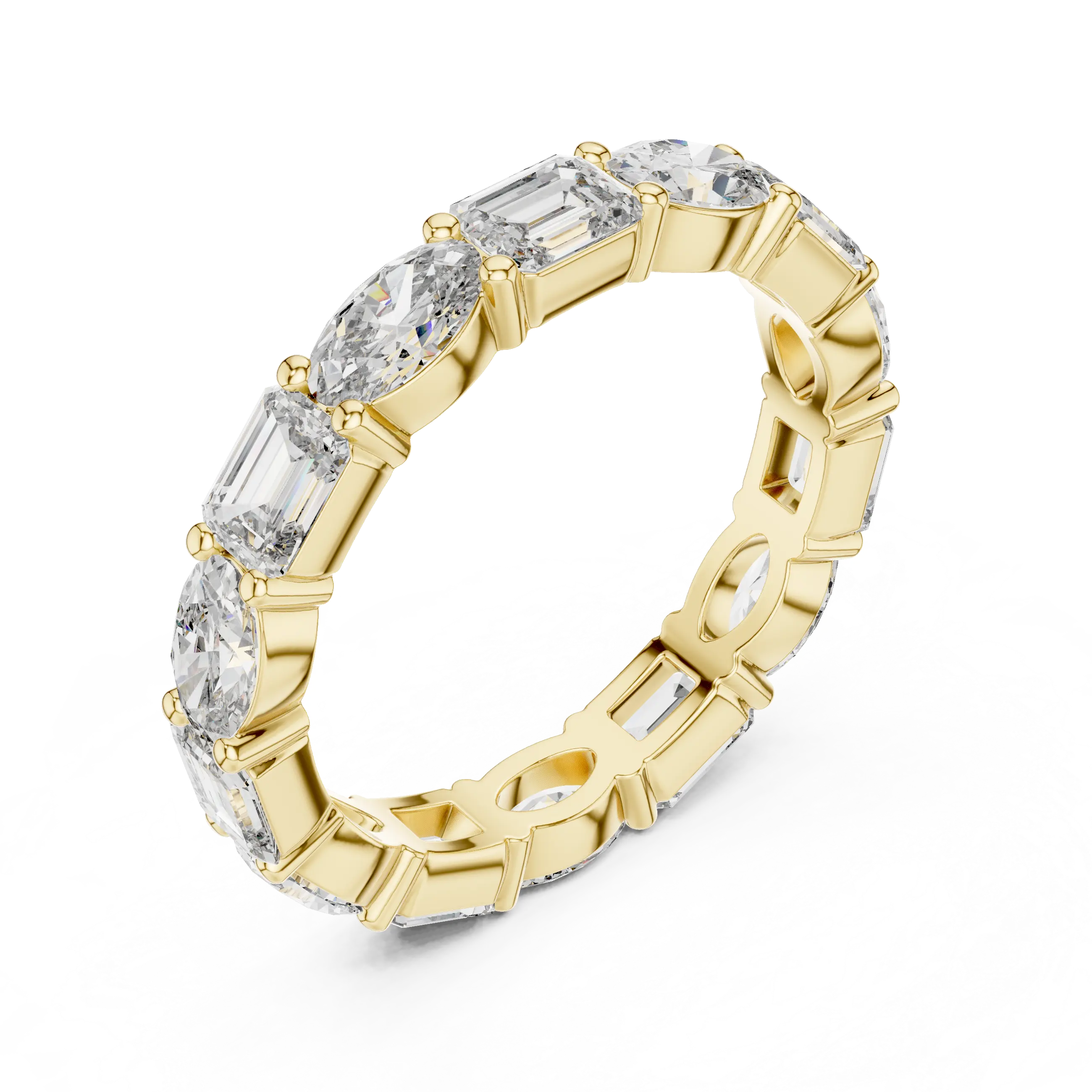 Three-quarter View: Emerald Cut Diamond Eternity Band with Prong Setting in 14k Yellow Gold – Lab Grown – Driona Jewels

