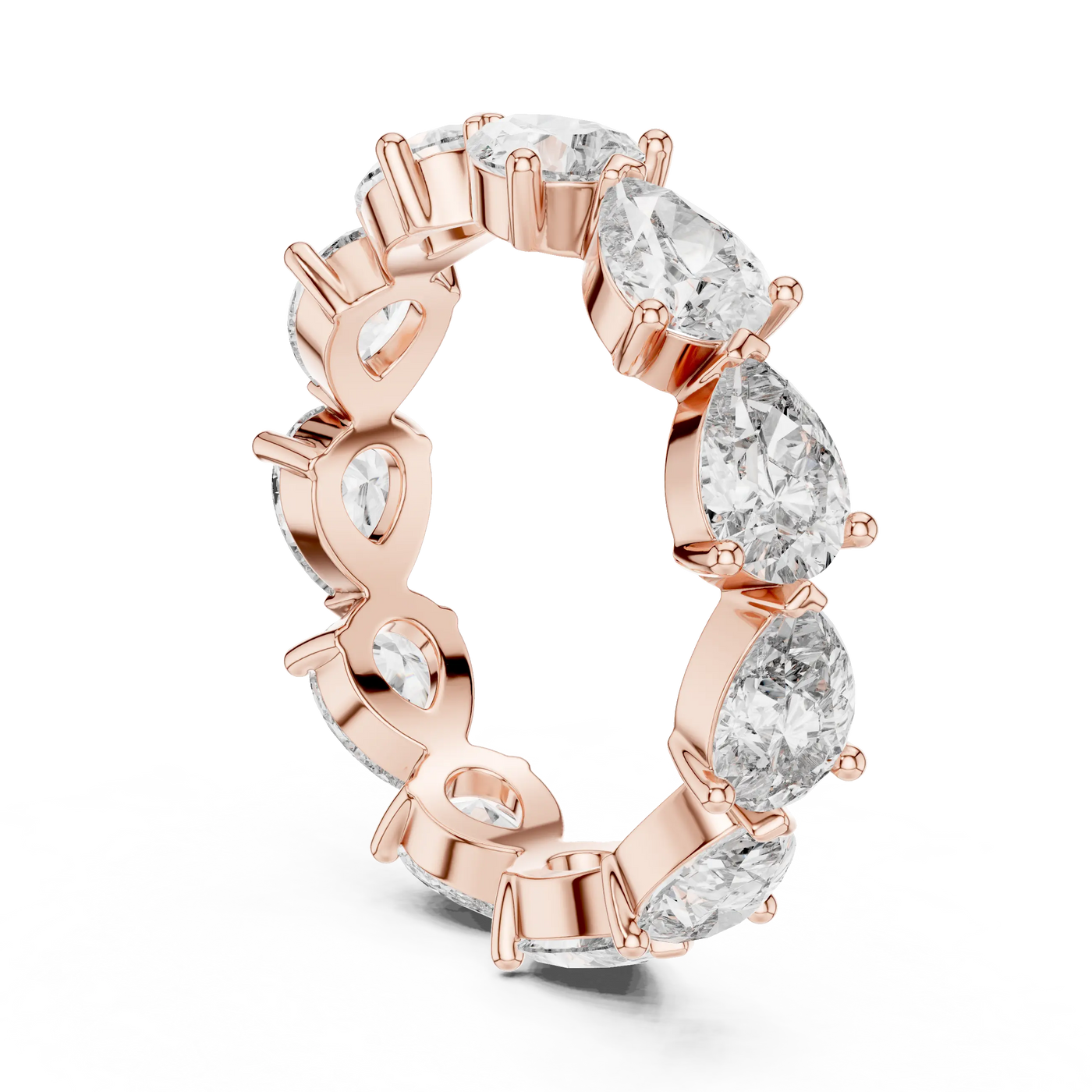 Angle view: Pear Diamond Eternity Band with Prong Setting in 14k Rose Gold - Lab Grown - Driona Jewels