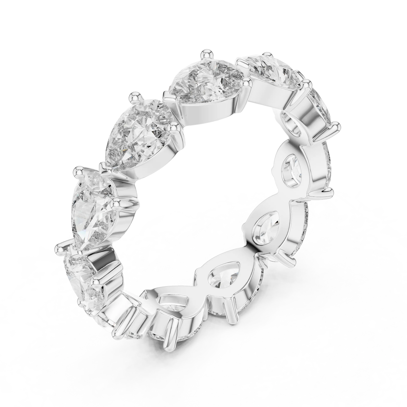 Three-quarter view: Pear Diamond Eternity Band with Prong Setting in 14k White Gold - Lab Grown - Driona Jewels