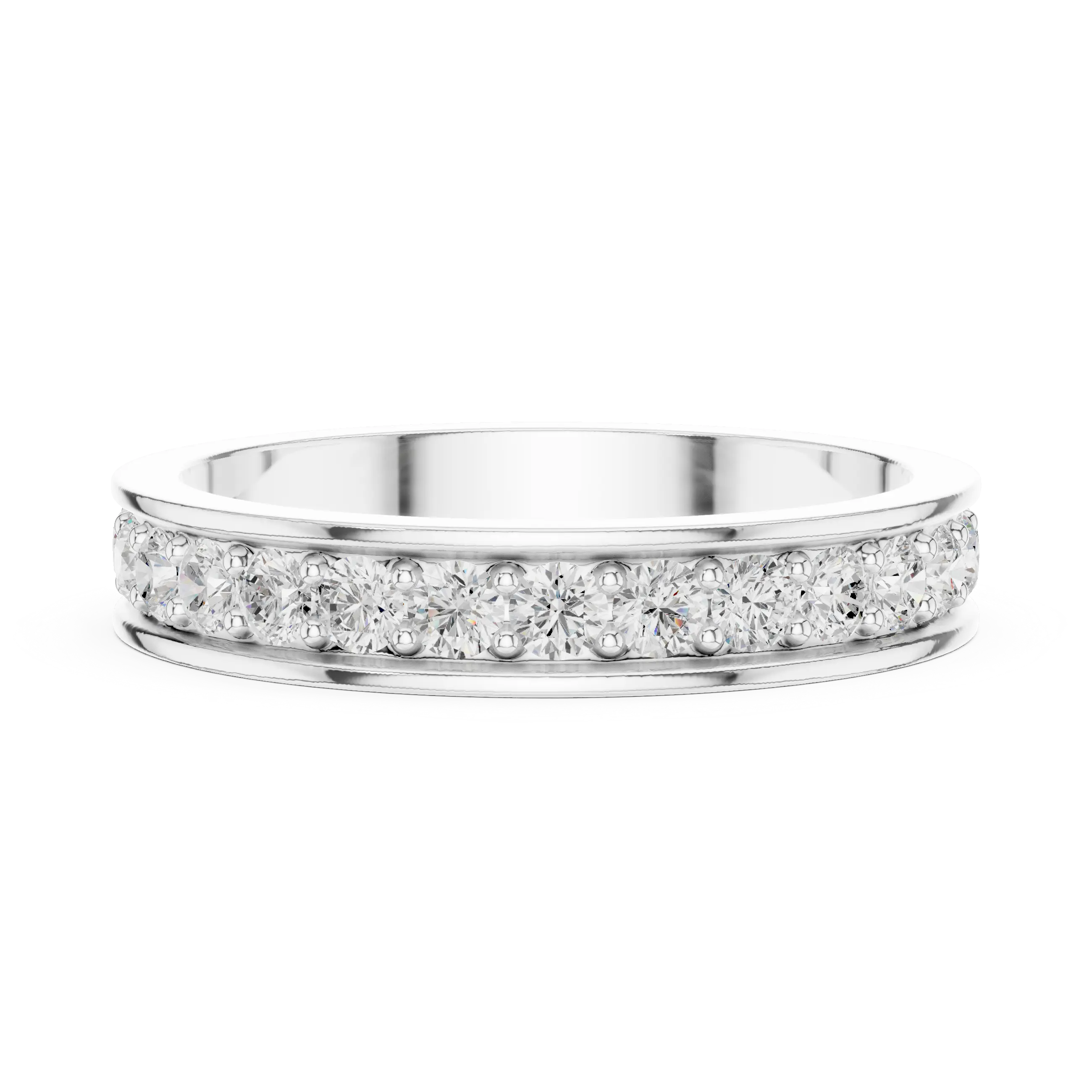 Angle View: Round Diamond Eternity Band with Bead Setting in 14K White Gold – Lab Grown – Driona Jewels
