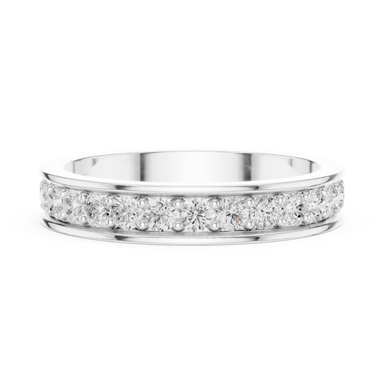 Angle View: Round Diamond Eternity Band with Bead Setting in 14K White Gold – Lab Grown – Driona Jewels
