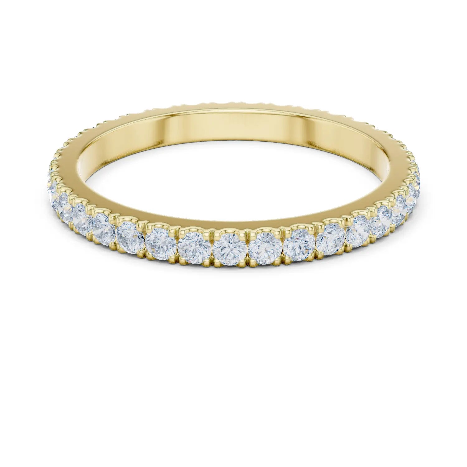 Angle View: Round Diamond Eternity Band with Shared-Prong Setting in 14K Yellow Gold – Lab Grown – Driona Jewels
