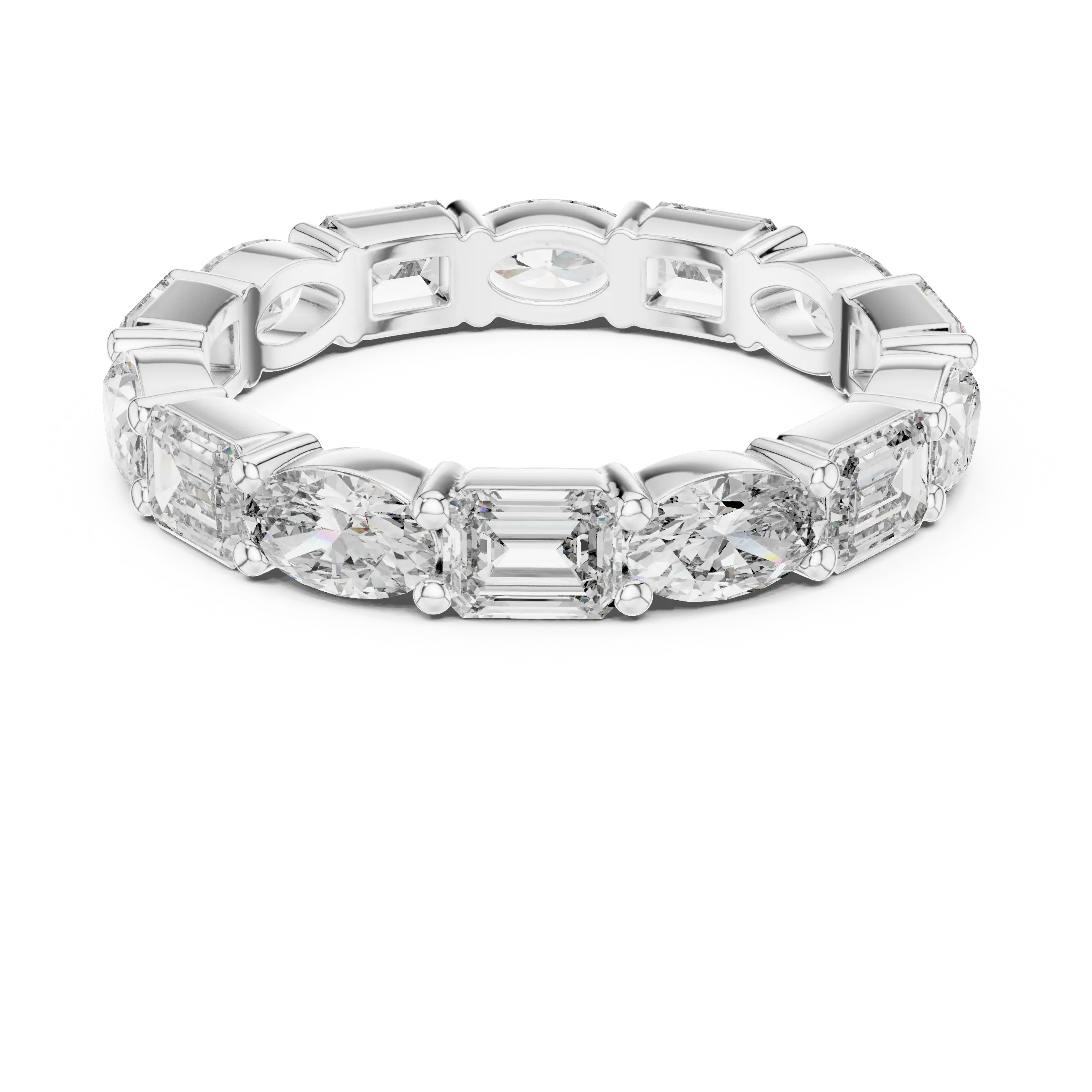 Flat Lay: Emerald Cut Diamond Eternity Band with Channel Setting in 14k White Gold – Lab Grown – Driona Jewels
