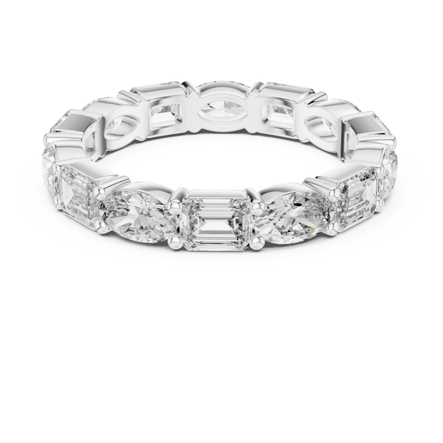 Flat Lay: Emerald Cut Diamond Eternity Band with Channel Setting in 14k White Gold – Lab Grown – Driona Jewels
