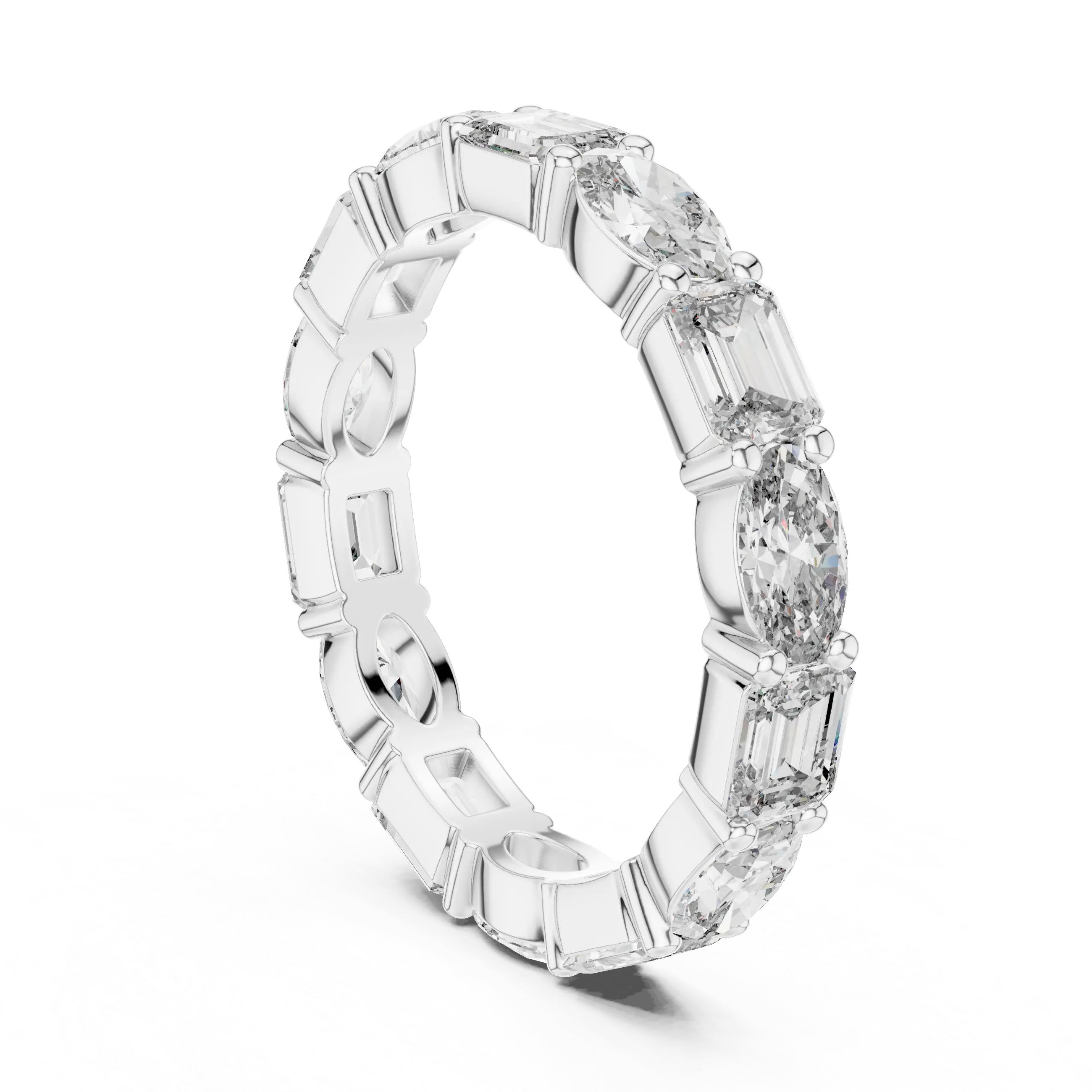Three-Quarter View: Emerald Cut Diamond Eternity Band with Channel Setting in 14k White Gold – Lab Grown – Driona Jewels
