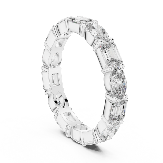 Three-Quarter View: Emerald Cut Diamond Eternity Band with Channel Setting in 14k White Gold – Lab Grown – Driona Jewels
