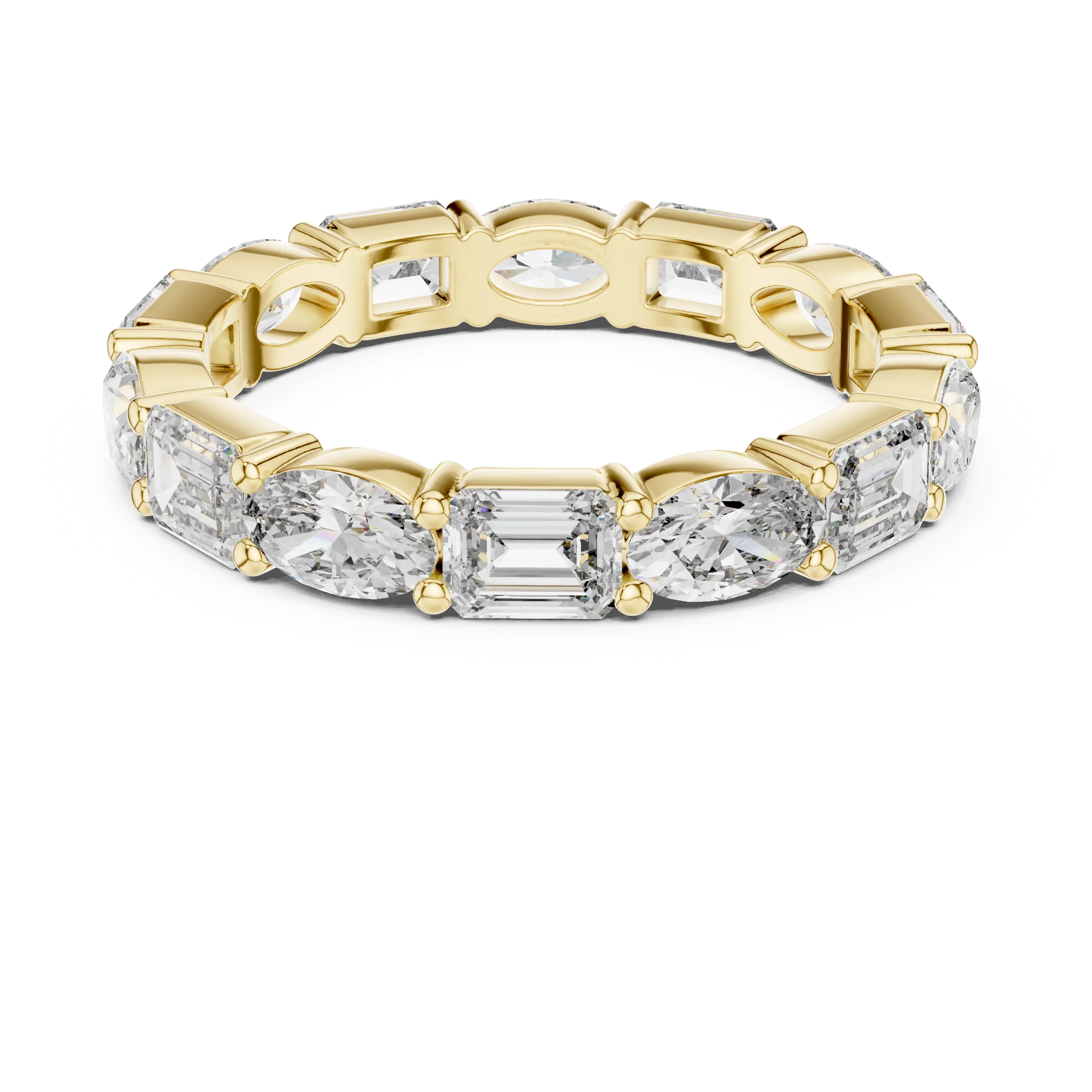 Flat Lay: Emerald Cut Diamond Eternity Band with Pave Setting in 14k Yellow Gold – Lab Grown – Driona Jewels
