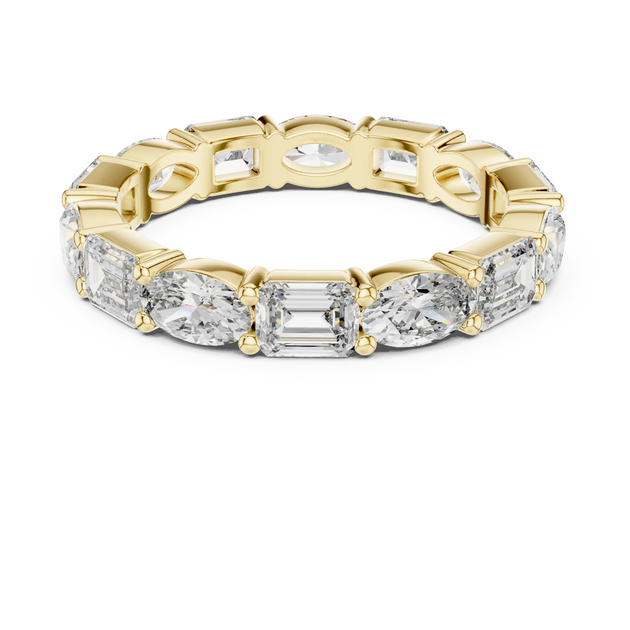 Flat Lay: Emerald Cut Diamond Eternity Band with Pave Setting in 14k Yellow Gold – Lab Grown – Driona Jewels
