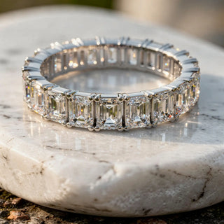 Close-up: Emerald Diamond Eternity Band with Prong Setting in 14k White Gold - Lab Grown - Driona Jewels