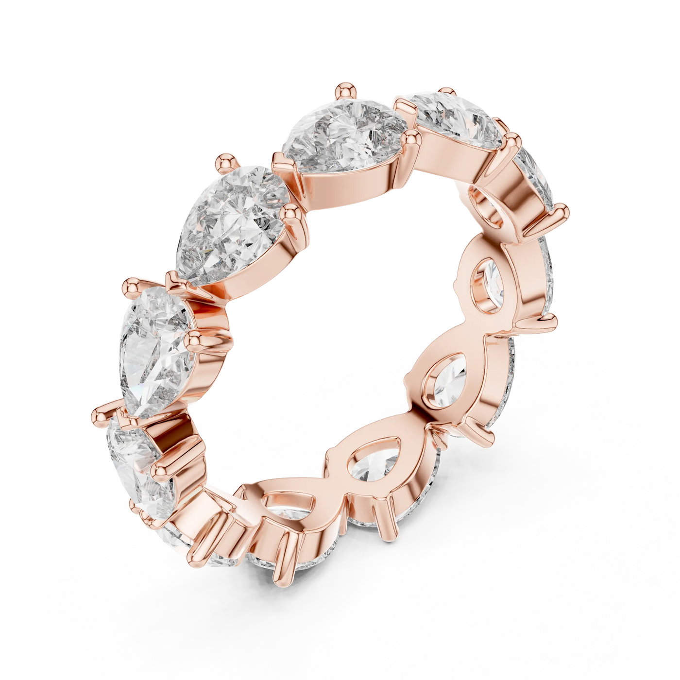 Three-quarter-view: Pear Diamond Eternity with Prong Setting in 14k Rose Gold - Lab Grown - Driona Jewels