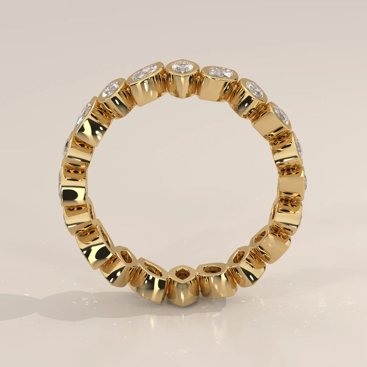 Marquise Lab Grown Diamond Bezel Set Full Eternity Band in yellow gold, shown from the side.