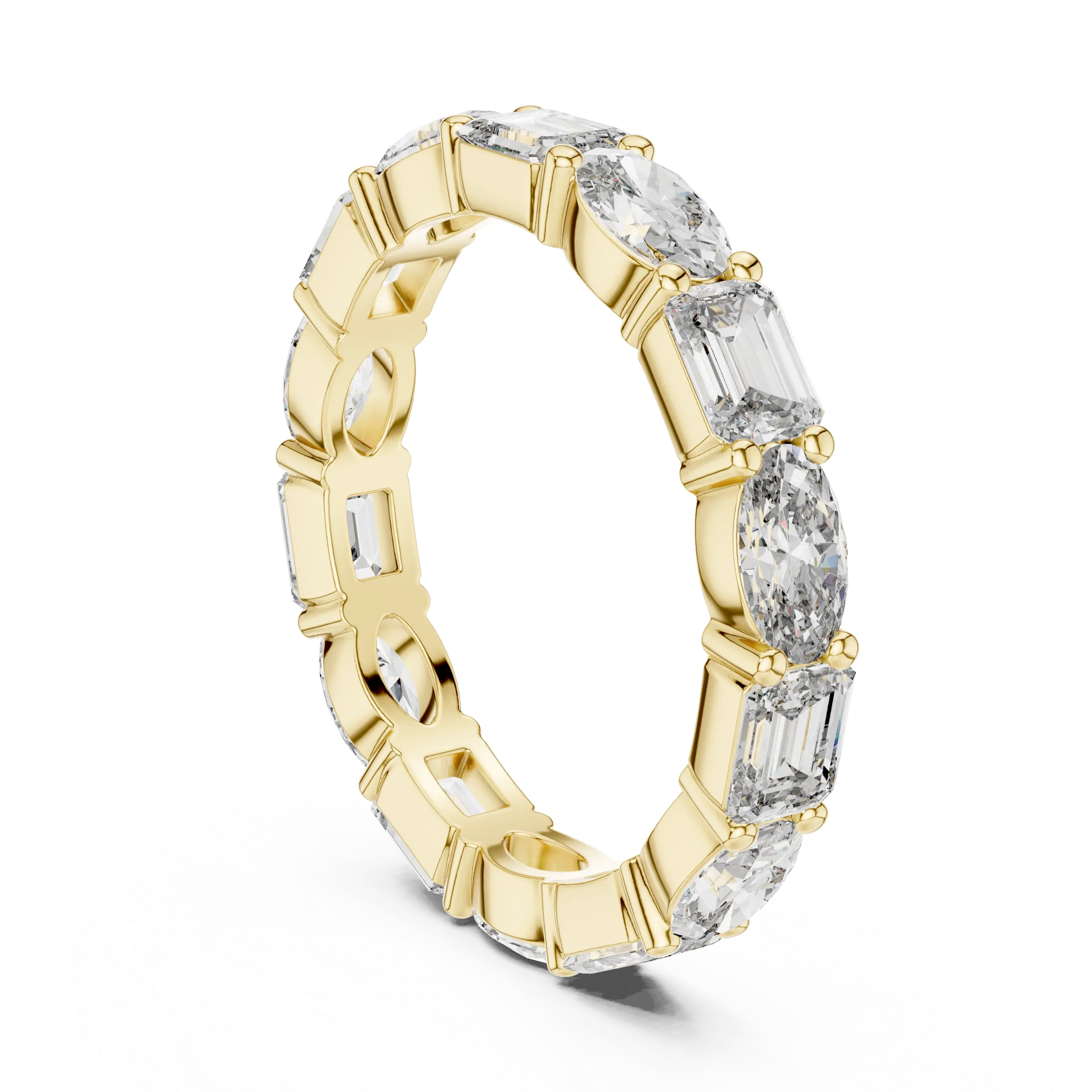 Three-Quarter View: Emerald Cut Diamond Eternity Ring with Pave Setting in 14k Yellow Gold – Lab Grown – Driona Jewels
