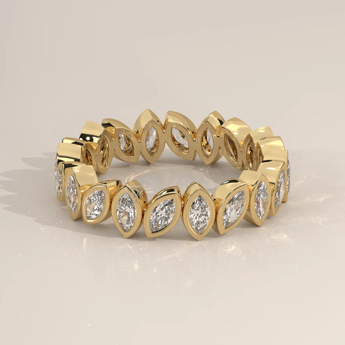Marquise Lab Grown Diamond Bezel Set Full Eternity Band in yellow gold, photographed head-on.