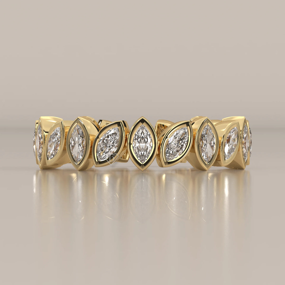 Marquise Lab Grown Diamond Bezel Set Full Eternity Band in yellow gold, front view on a plain background.