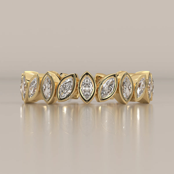 Marquise Lab Grown Diamond Bezel Set Full Eternity Band in yellow gold, front view on a plain background.