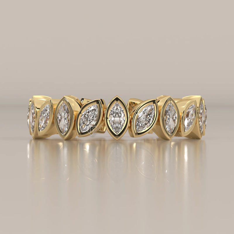 Marquise Lab Grown Diamond Bezel Set Full Eternity Band in yellow gold, front view on a plain background.
