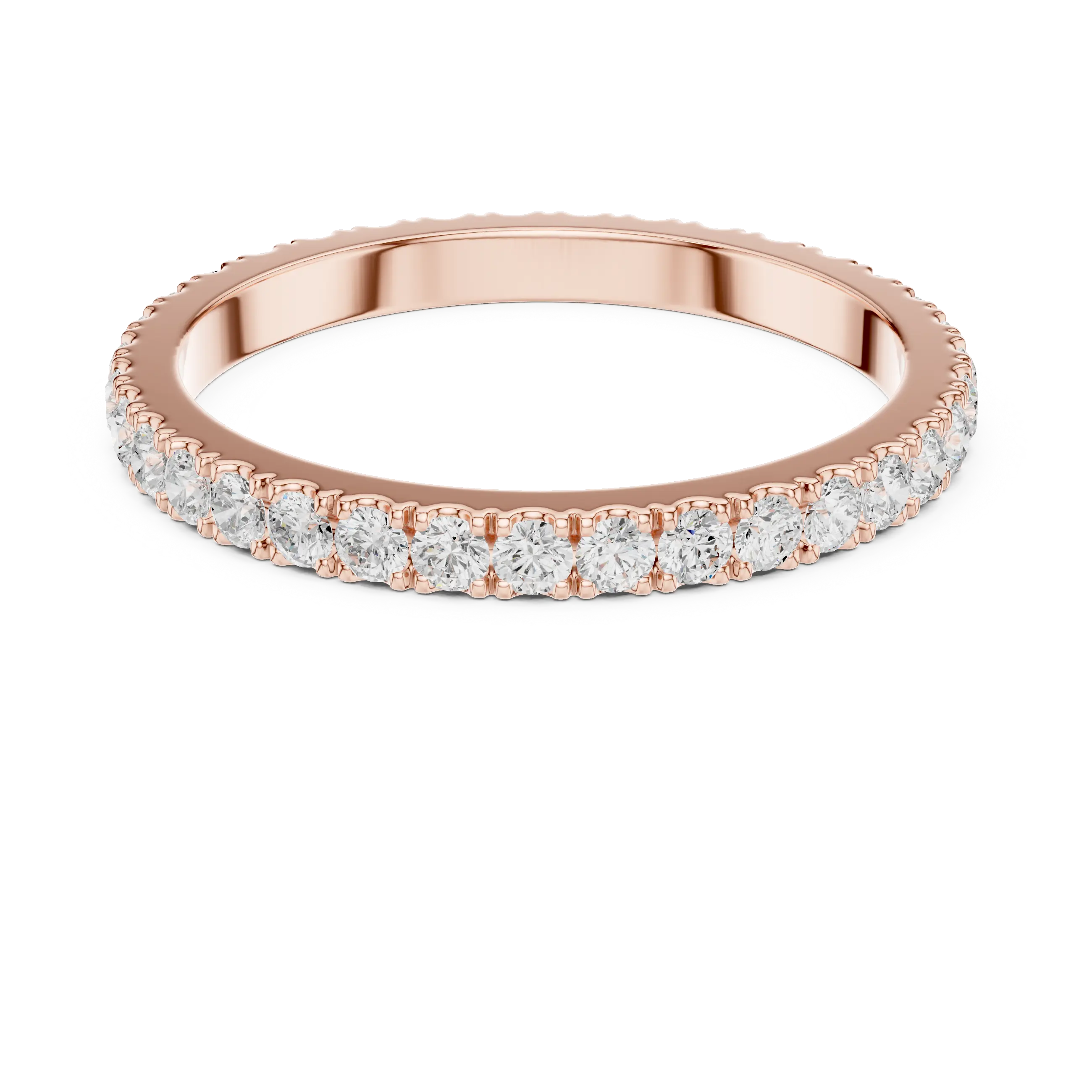 Angle View: Round Diamond Eternity Ring with Shared Prong Setting in Rose Gold – Lab Grown – Driona Jewels

