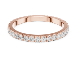 Angle View: Round Diamond Eternity Ring with Shared Prong Setting in Rose Gold – Lab Grown – Driona Jewels

