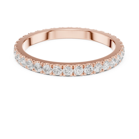Angle View: Round Diamond Eternity Ring with Shared Prong Setting in Rose Gold – Lab Grown – Driona Jewels
