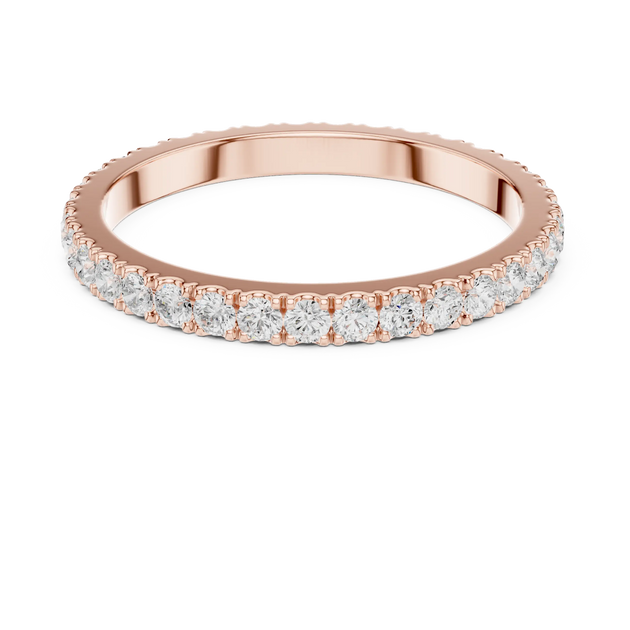 Angle View: Round Diamond Eternity Ring with Shared Prong Setting in Rose Gold – Lab Grown – Driona Jewels
