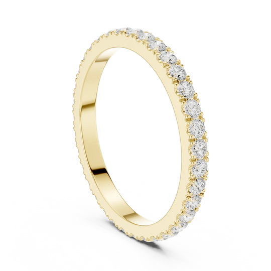 Angled view showing the full band of diamonds: Round Diamond Eternity Ring with Shared Prong Setting in NA Yellow Gold – Lab Grown – Driona Jewels
