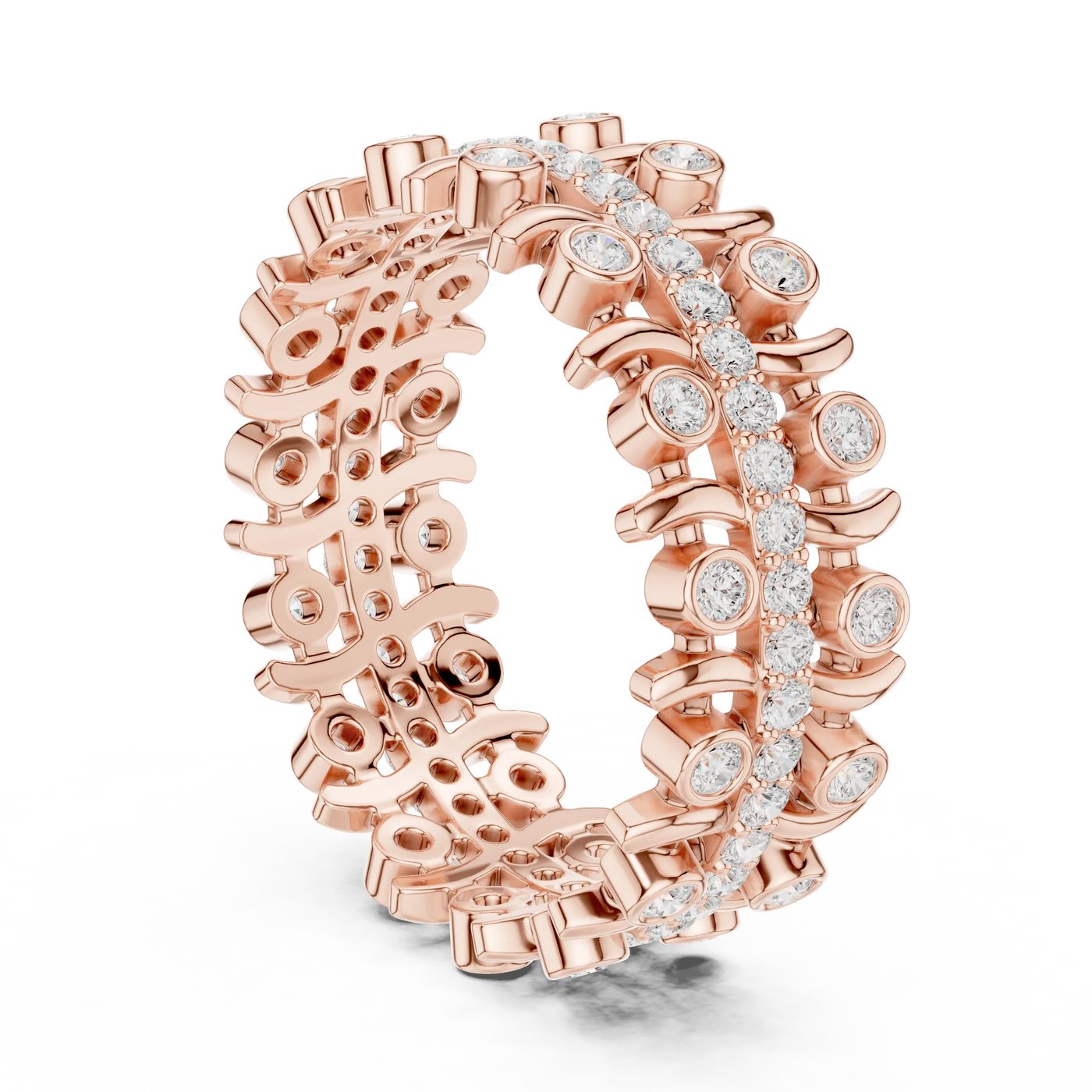 Three-quarter-view: Round Diamond Eternity Band with Bezel Setting in 14k Rose Gold - Lab Grown - Driona Jewels