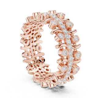 Three-quarter-view: Round Diamond Eternity Band with Bezel Setting in 14k Rose Gold - Lab Grown - Driona Jewels