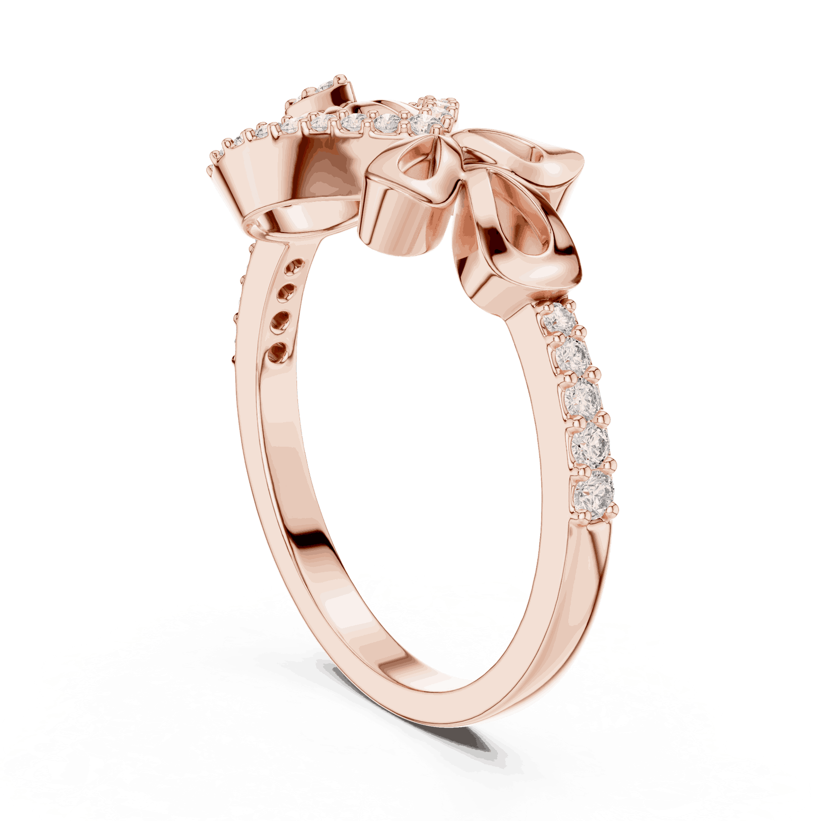 10K Rose Gold Diamond Ring featuring Evil Eye Bow Halo style with Polished finish for women - Perfect Gift for Her - Angled View