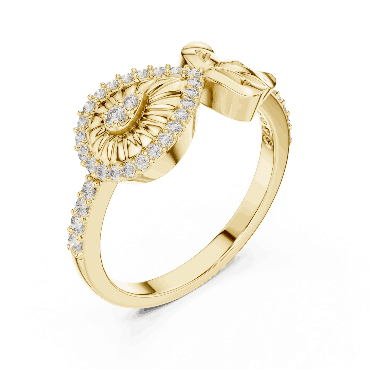 18K Yellow Gold Diamond Ring featuring Evil Eye Bow Halo style with Polished finish for women - Perfect Gift for Her - Angled View 2
