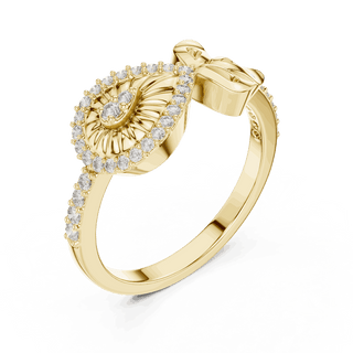 18K Yellow Gold Diamond Ring featuring Evil Eye Bow Halo style with Polished finish for women - Perfect Gift for Her - Angled View 2