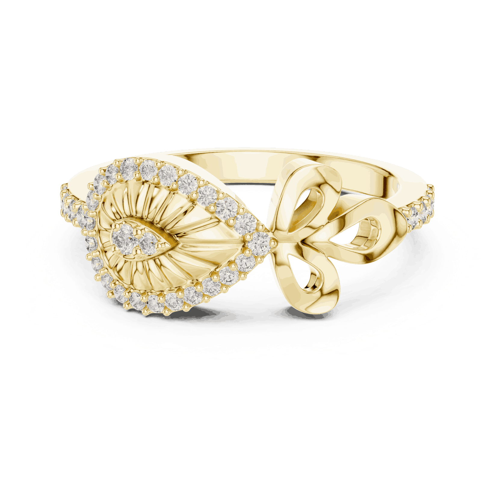 18K Yellow Gold Diamond Ring featuring Evil Eye Bow Halo style with Polished finish for women - Perfect Gift for Her - Front View