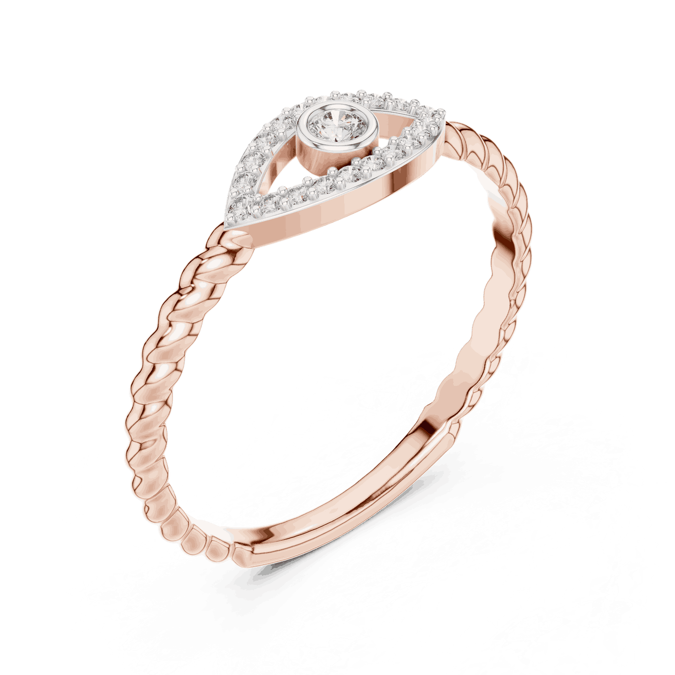 14K Rose Gold Diamond Ring featuring Evil Eye Bezel Rope style with Polished finish for women - Perfect Everyday & Gifting Wear - Angled View