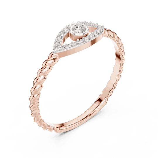14K Rose Gold Diamond Ring featuring Evil Eye Bezel Rope style with Polished finish for women - Perfect Everyday & Gifting Wear - Angled View