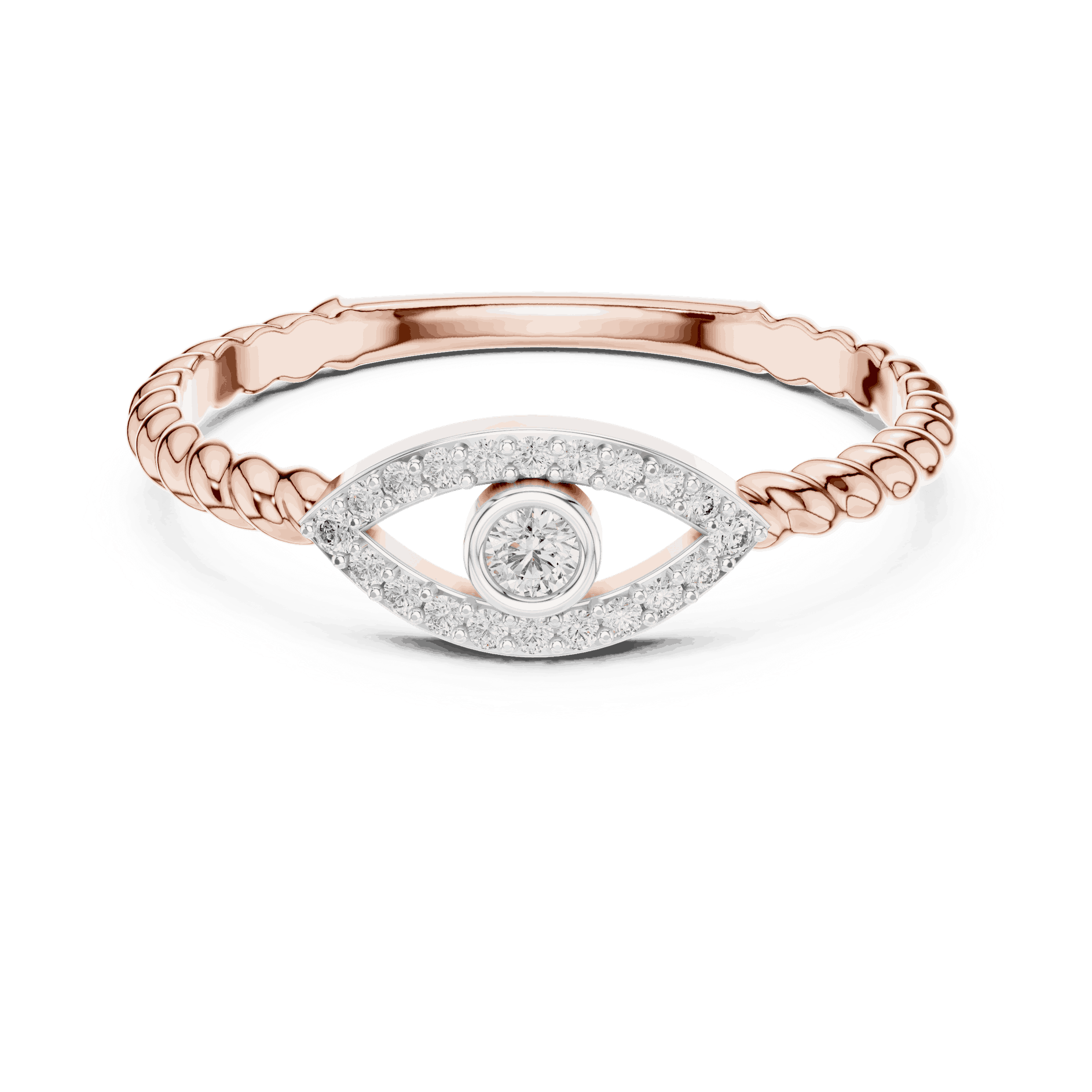 14K Rose Gold Diamond Ring featuring Evil Eye Bezel Rope style with Polished finish for women - Perfect Everyday & Gifting Wear - Front View