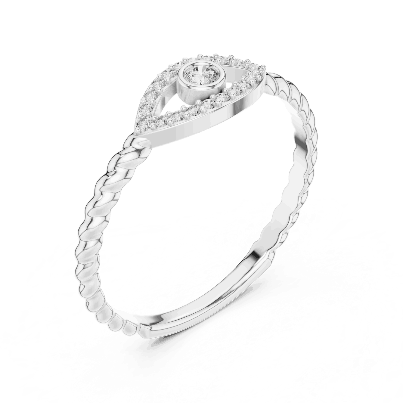 14K White Gold Diamond Ring featuring Evil Eye Bezel Rope style with Polished finish for women - Perfect Everyday & Gifting Wear - Angled View
