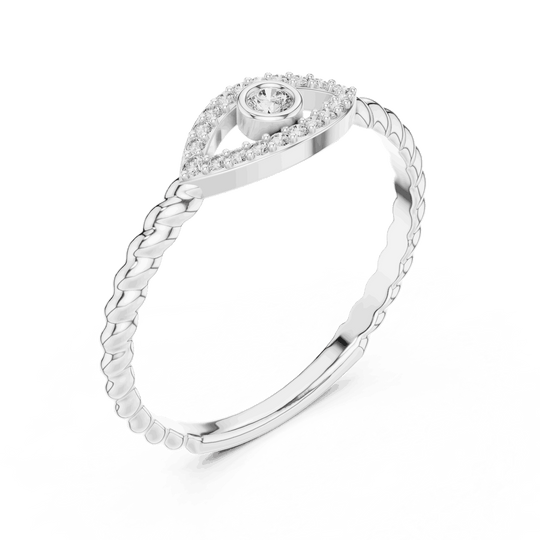 14K White Gold Diamond Ring featuring Evil Eye Bezel Rope style with Polished finish for women - Perfect Everyday & Gifting Wear - Angled View