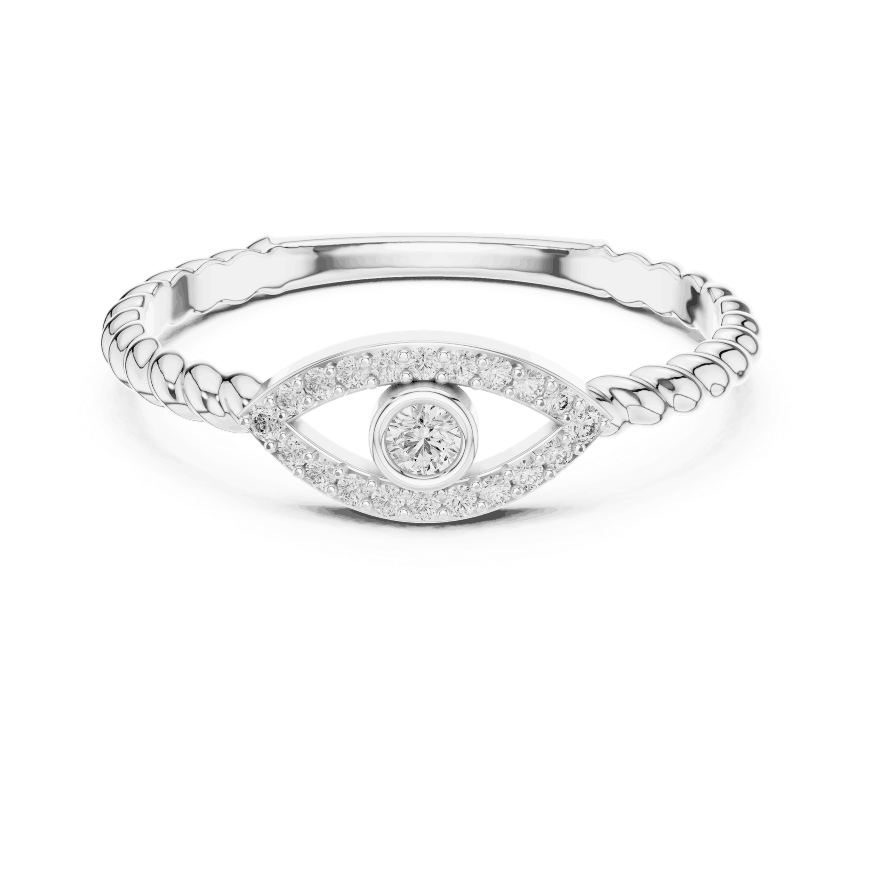 14K White Gold Diamond Ring featuring Evil Eye Bezel Rope style with Polished finish for women - Perfect Everyday & Gifting Wear - Front View