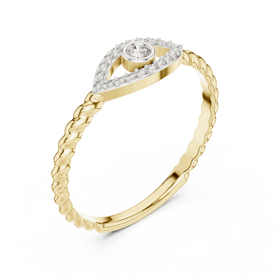 14K Yellow Gold Diamond Ring featuring Evil Eye Bezel Rope style with Polished finish for women - Perfect Everyday & Gifting Wear - Angled View