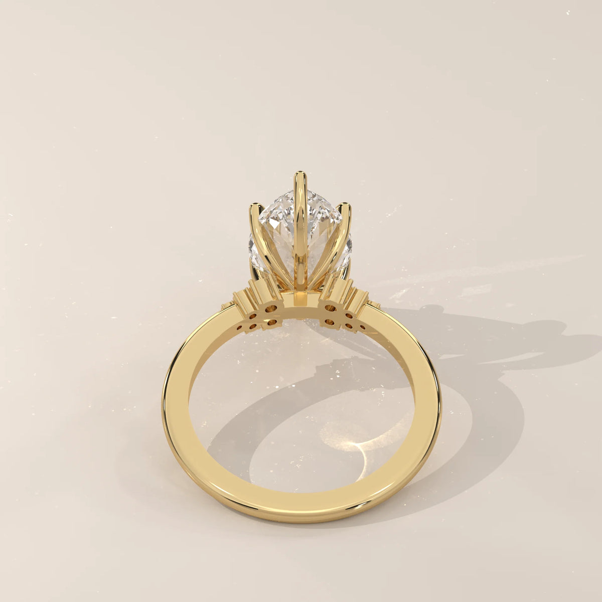 Fadie 5 Carat Marquise Lab Grown Diamond Ring, Cluster Shoulders in yellow gold, side profile view.