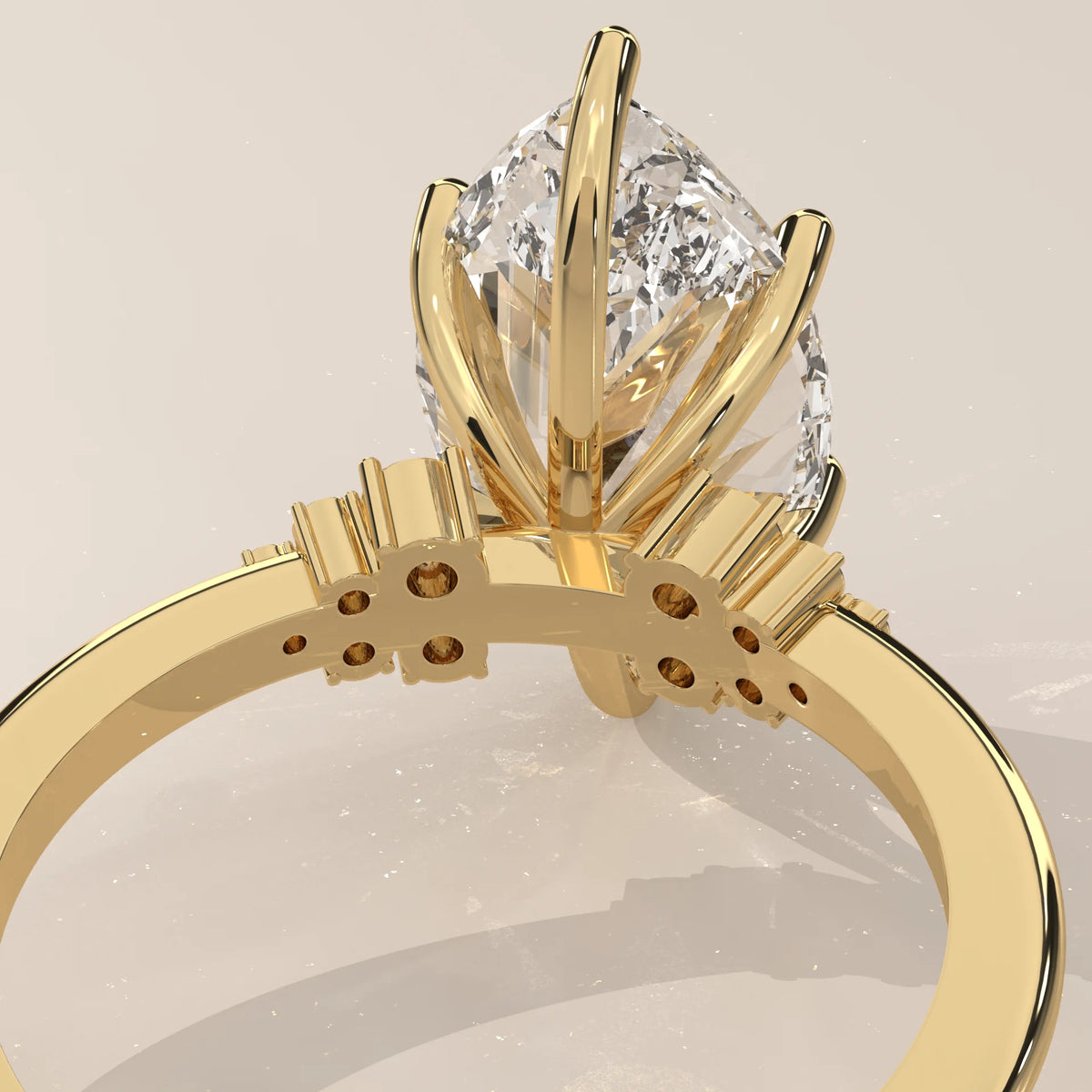 Fadie 5 Carat Marquise Lab Grown Diamond Ring, Cluster Shoulders in yellow gold, shown on a plain background.