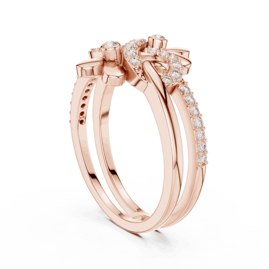 Angle View: Round Brilliant Diamond Double Daisy Bypass Fashion Ring with Pavé Setting in 18K Rose Gold – Lab Grown – Driona Jewels