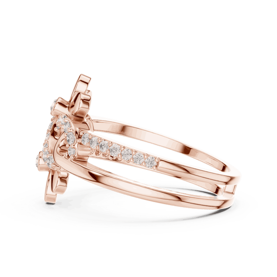 Back View: Round Brilliant Diamond Double Daisy Bypass Fashion Ring with Pavé Setting in 18K Rose Gold – Lab Grown – Driona Jewels