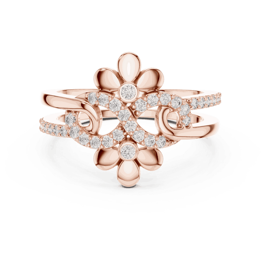 Front View: Round Brilliant Diamond Double Daisy Bypass Fashion Ring with Pavé Setting in 18K Rose Gold – Lab Grown – Driona Jewels