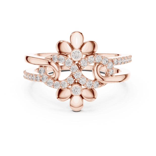 Front View: Round Brilliant Diamond Double Daisy Bypass Fashion Ring with Pavé Setting in 18K Rose Gold – Lab Grown – Driona Jewels